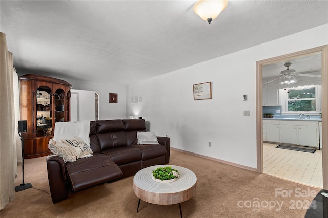 living room featuring sink, ceiling fan, carpet, and a textured ceiling