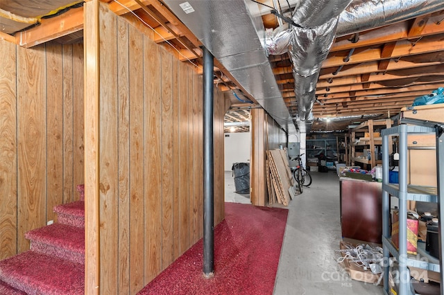 basement featuring wooden walls