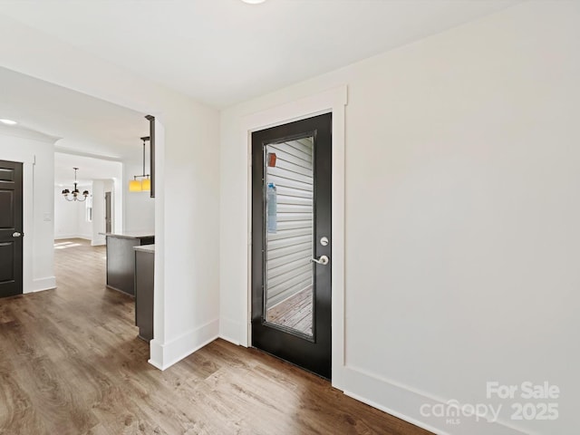 entryway featuring wood-type flooring and a notable chandelier