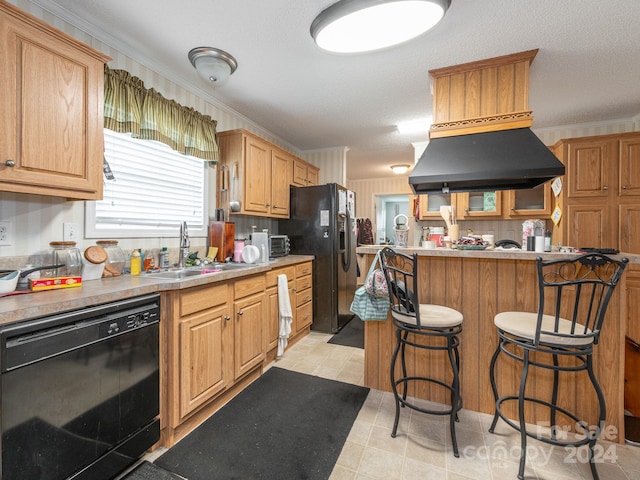 kitchen with a kitchen breakfast bar, black appliances, premium range hood, ornamental molding, and sink