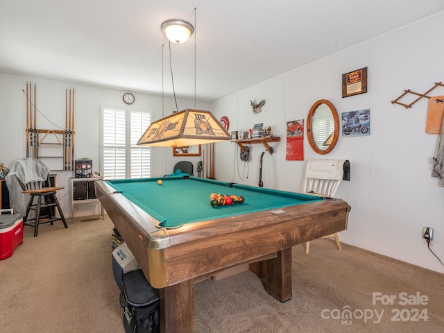 rec room with light carpet, a textured ceiling, and billiards