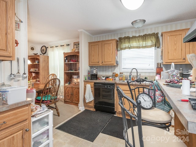 kitchen featuring sink, a textured ceiling, exhaust hood, dishwasher, and crown molding