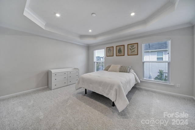 bedroom with light carpet, multiple windows, ornamental molding, and a tray ceiling