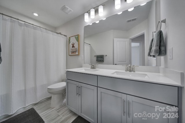 bathroom featuring vanity, toilet, and a shower with curtain