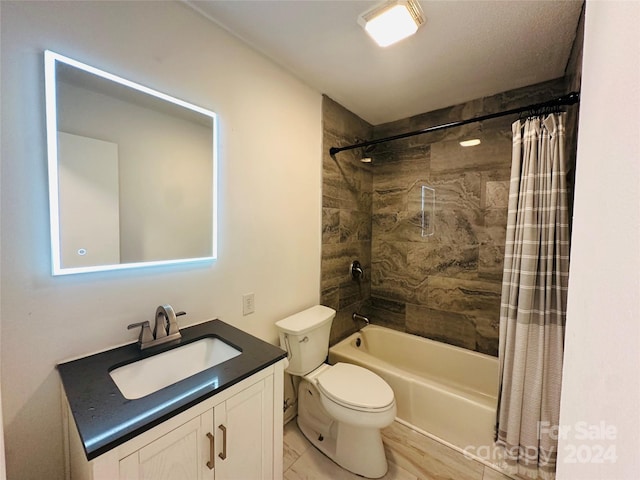 full bathroom featuring shower / bathtub combination with curtain, toilet, and vanity