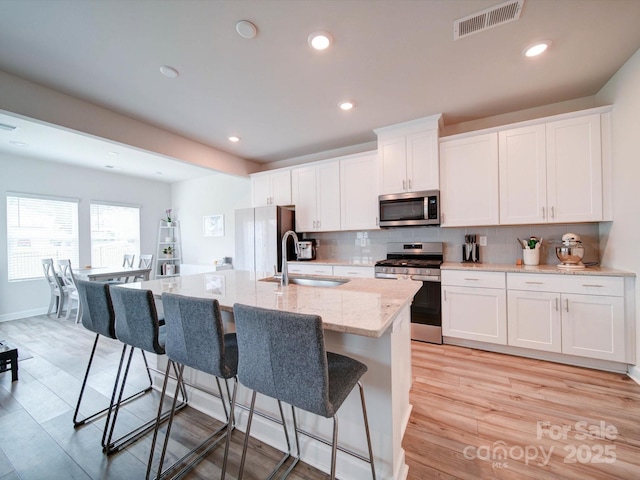 kitchen with a center island with sink, appliances with stainless steel finishes, a kitchen bar, white cabinets, and sink