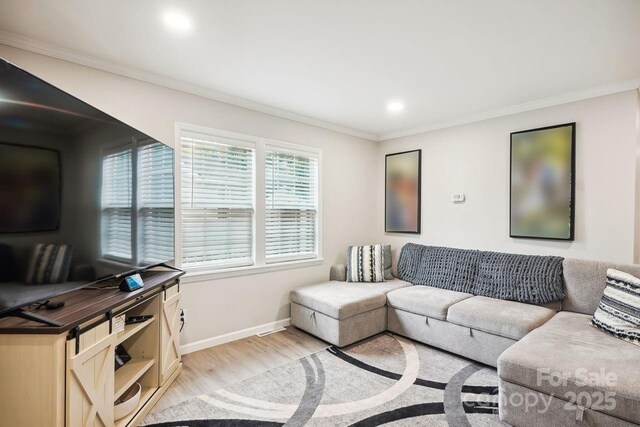 living room featuring crown molding and light wood-type flooring