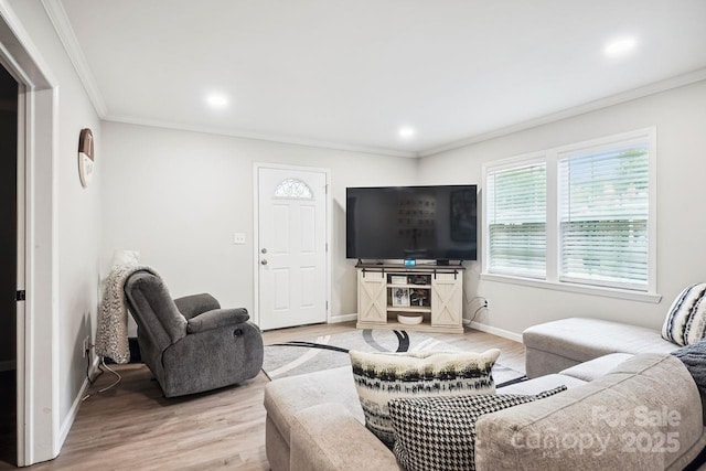 living room with ornamental molding and light wood-type flooring