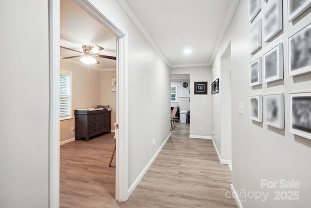 hallway featuring ornamental molding and light wood-type flooring