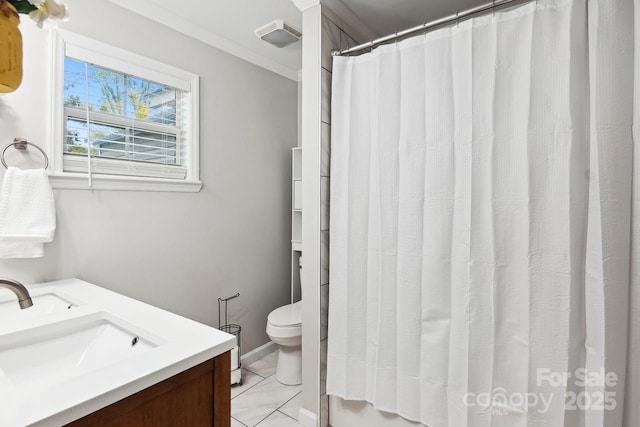 bathroom featuring walk in shower, vanity, and toilet