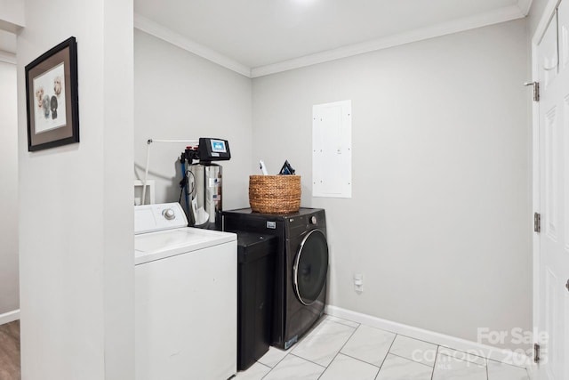 washroom with crown molding, electric panel, and separate washer and dryer