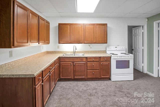 kitchen featuring carpet, electric stove, a drop ceiling, and sink