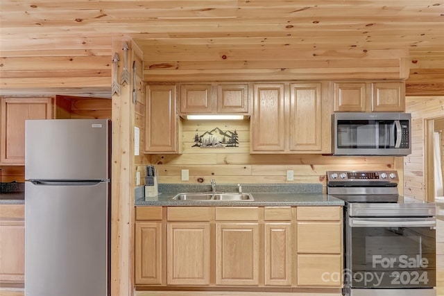 kitchen with sink, stainless steel appliances, wooden walls, light brown cabinetry, and wood ceiling