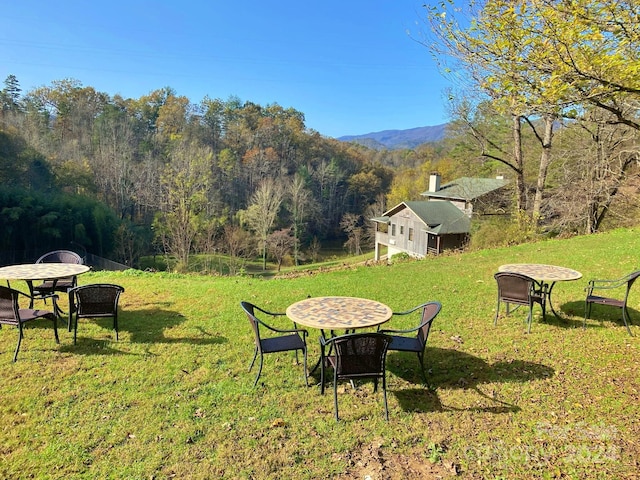 view of yard featuring a mountain view and an outdoor structure