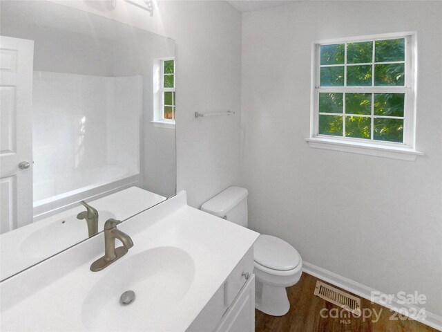 bathroom with vanity, toilet, and wood-type flooring