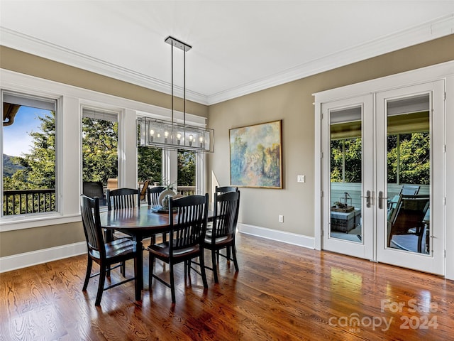 dining area featuring crown molding, french doors, a wealth of natural light, and dark wood-type flooring