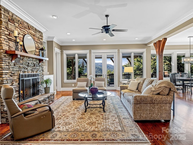 living room featuring french doors, dark wood-type flooring, a fireplace, and a wealth of natural light