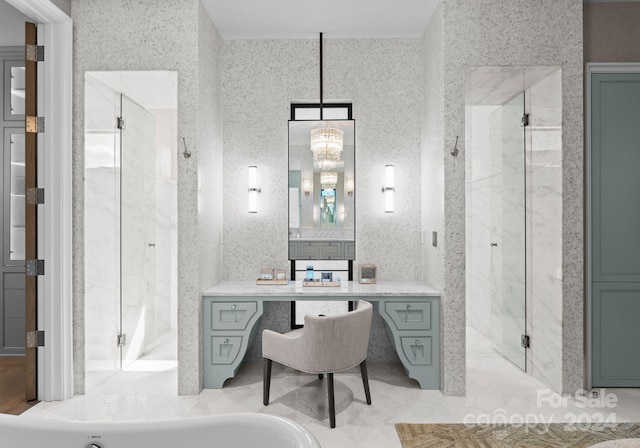bathroom with an enclosed shower and vanity