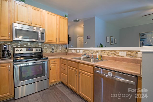 kitchen featuring backsplash, sink, ceiling fan, dark hardwood / wood-style floors, and appliances with stainless steel finishes