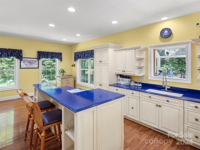 kitchen featuring a healthy amount of sunlight, hardwood / wood-style floors, a center island, and sink