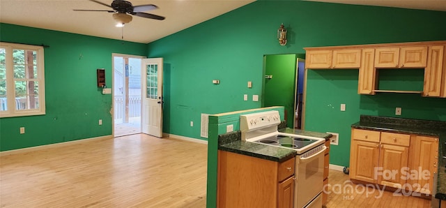 kitchen featuring light wood-type flooring, white electric range, lofted ceiling, and ceiling fan