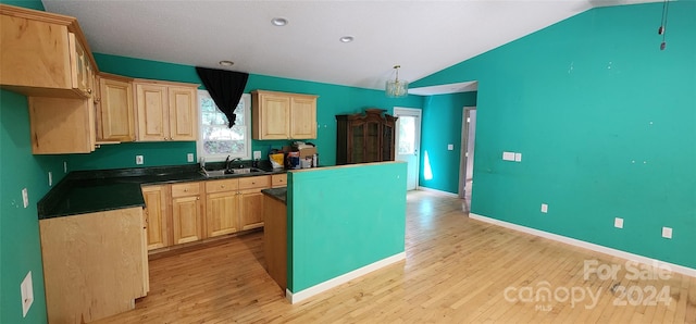 kitchen featuring light hardwood / wood-style floors, plenty of natural light, sink, and hanging light fixtures