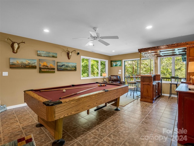 game room with ceiling fan, billiards, and dark tile patterned floors