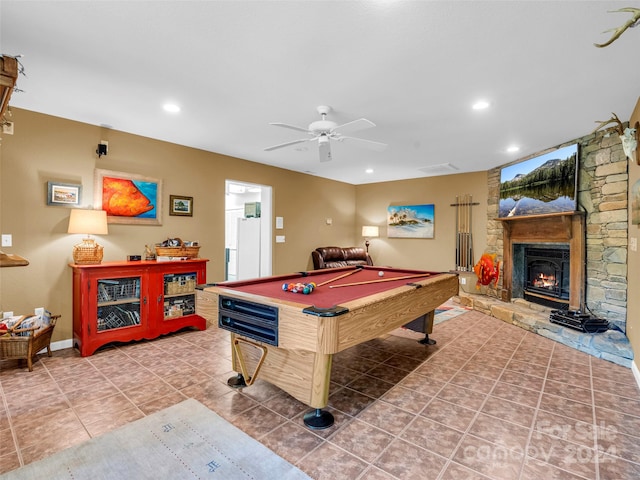 rec room featuring ceiling fan, a fireplace, tile patterned flooring, and pool table