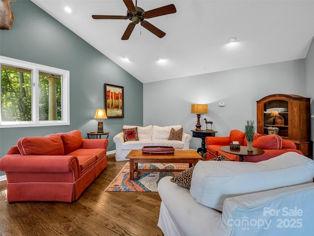 living area with recessed lighting, ceiling fan, wood finished floors, high vaulted ceiling, and baseboards