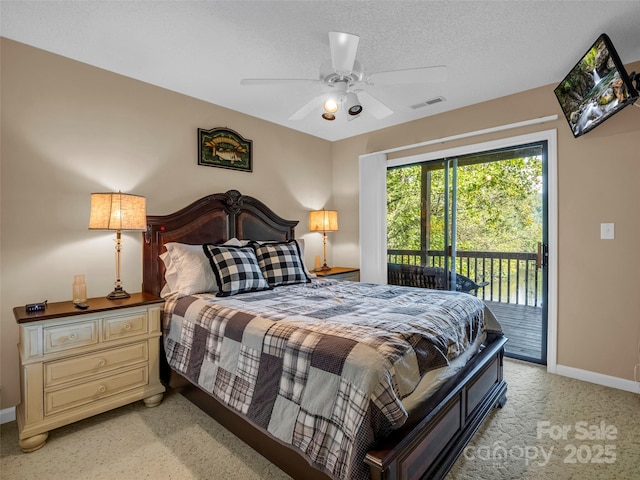 bedroom featuring baseboards, visible vents, ceiling fan, access to outside, and a textured ceiling