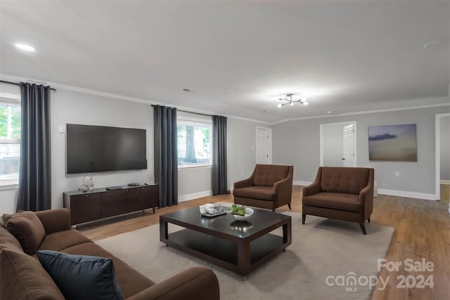 living area featuring light wood finished floors, baseboards, and ornamental molding