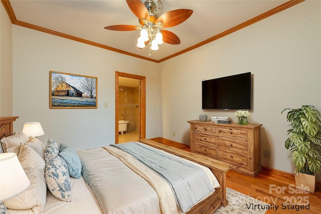 bedroom with ensuite bath, light wood-style flooring, ornamental molding, and baseboards