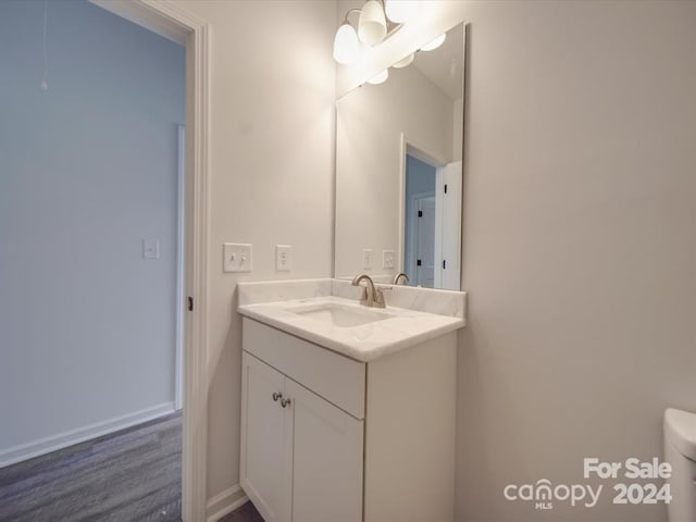 bathroom with vanity, toilet, and wood-type flooring