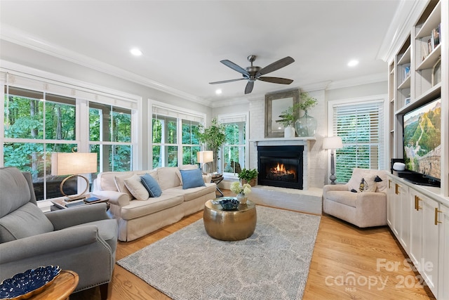 living room featuring light wood-type flooring, ceiling fan, and crown molding