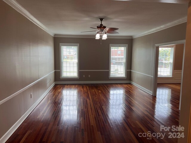 spare room featuring ceiling fan, dark hardwood / wood-style floors, and a healthy amount of sunlight