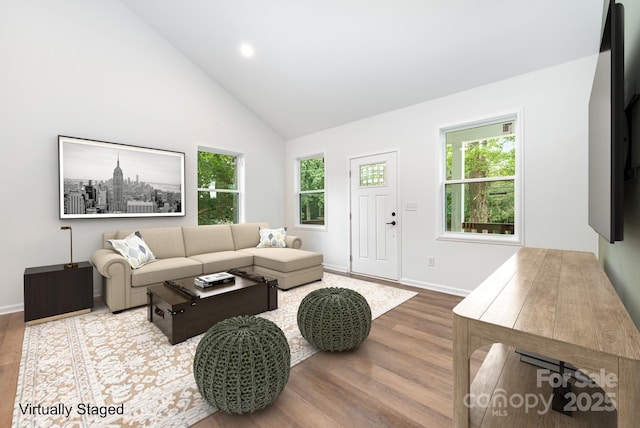 living room with hardwood / wood-style flooring and high vaulted ceiling