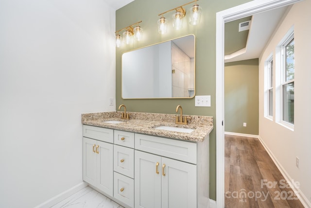 bathroom featuring a shower and vanity