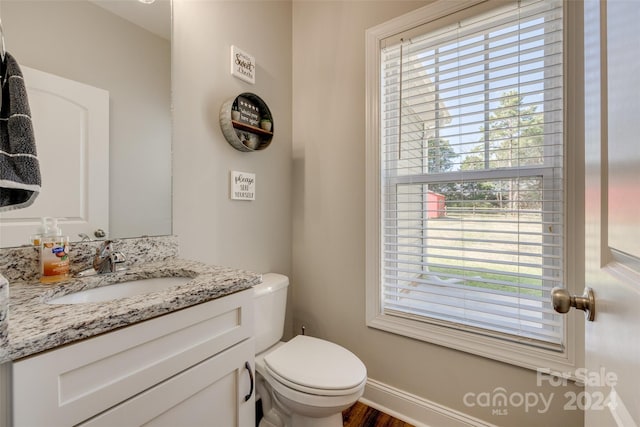 bathroom with toilet, hardwood / wood-style flooring, and vanity