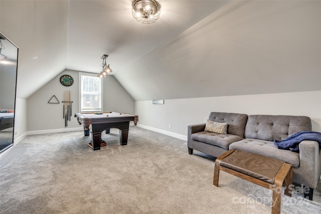 rec room featuring billiards, light carpet, and lofted ceiling