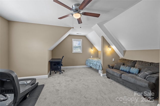 carpeted bedroom with lofted ceiling and ceiling fan