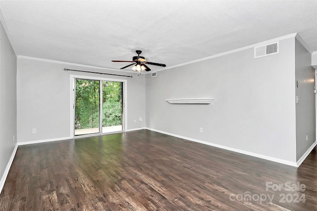 unfurnished room featuring a textured ceiling, dark wood-type flooring, ceiling fan, and ornamental molding