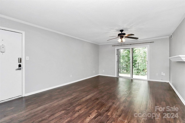 unfurnished living room with ceiling fan, dark hardwood / wood-style flooring, crown molding, and a textured ceiling