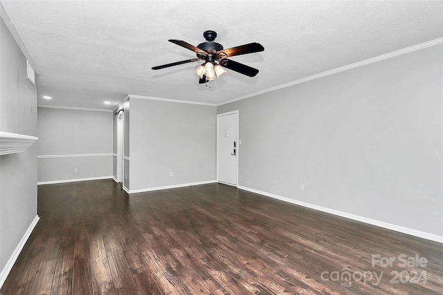 unfurnished living room featuring a textured ceiling, crown molding, ceiling fan, and dark hardwood / wood-style floors