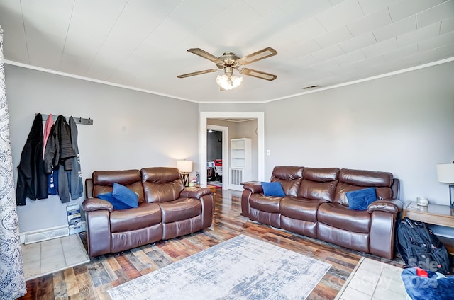 living room featuring crown molding, ceiling fan, and hardwood / wood-style floors