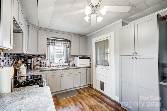 kitchen featuring crown molding, sink, wood-type flooring, ceiling fan, and tasteful backsplash