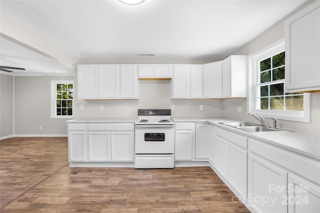 kitchen featuring a healthy amount of sunlight, sink, white range with electric cooktop, and light hardwood / wood-style floors