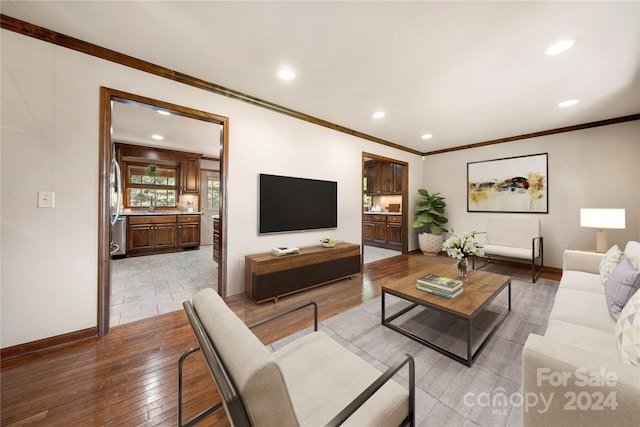 living room with sink, ornamental molding, and light wood-type flooring