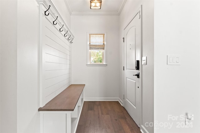 4759 Polo Gate Blvd, Charlotte, NC 28216 - mudroom with crown molding, baseboards, and dark wood-style flooring