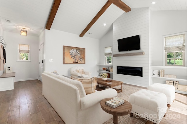 living room featuring a wealth of natural light, wood-type flooring, and a large fireplace