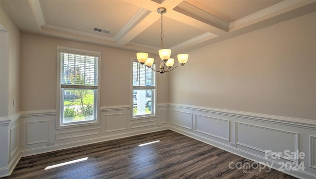 empty room featuring coffered ceiling, an inviting chandelier, plenty of natural light, and dark hardwood / wood-style floors